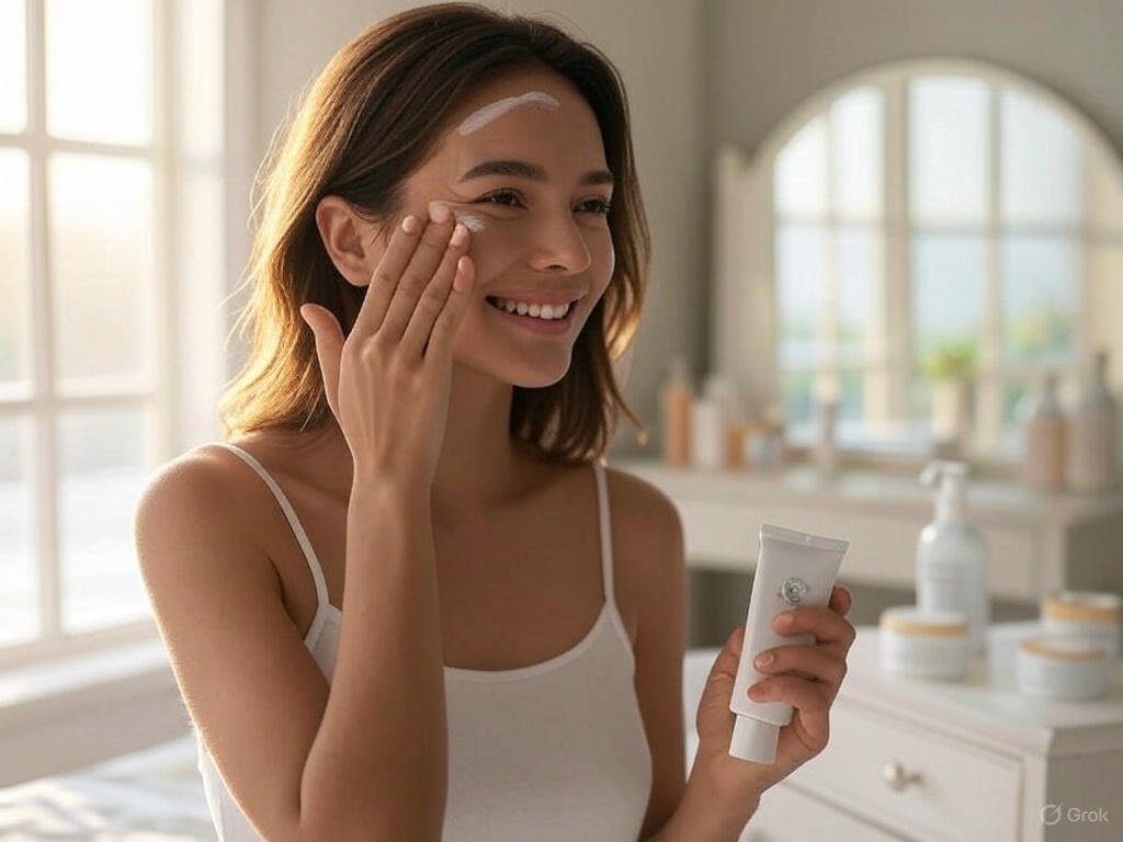 A woman applying sunscreen near a window with natural light, completing her morning skincare routine, with a vanity table in the background.