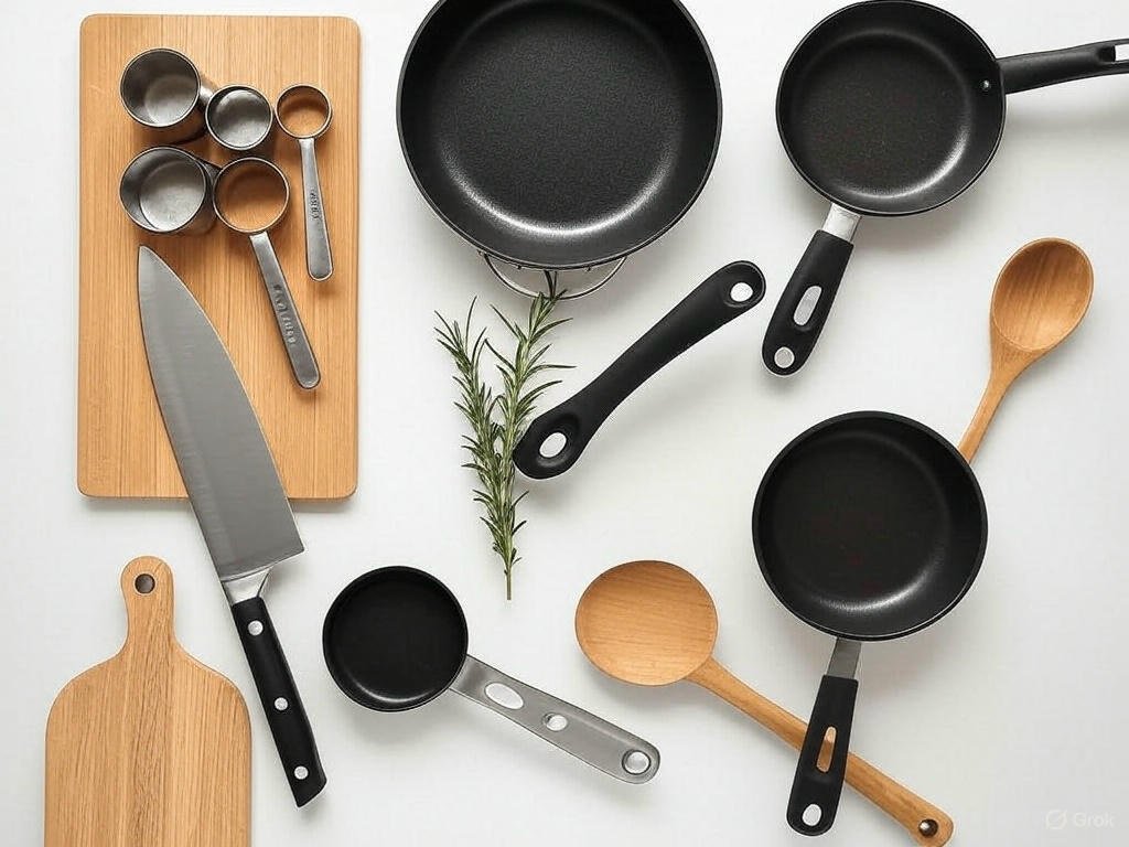 A flat lay of kitchen tools including a chef’s knife, cutting board, frying pan, measuring cups, and wooden spoon on a white background with a rosemary sprig.