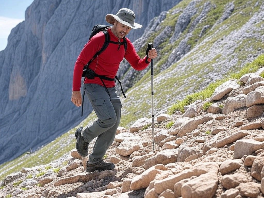 Hiker using a trekking pole on a rocky mountain trail, wearing a backpack, with cliffs and a clear sky in the background.