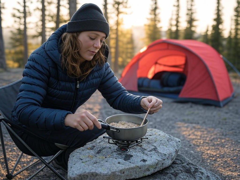 Hiker cooking oatmeal on a camping stove at a campsite, with a tent and pine trees, under morning light.
