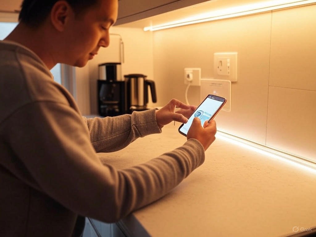 Kitchen with small electronics including a smart plug, LED strip light, and a person using a smart thermostat app.