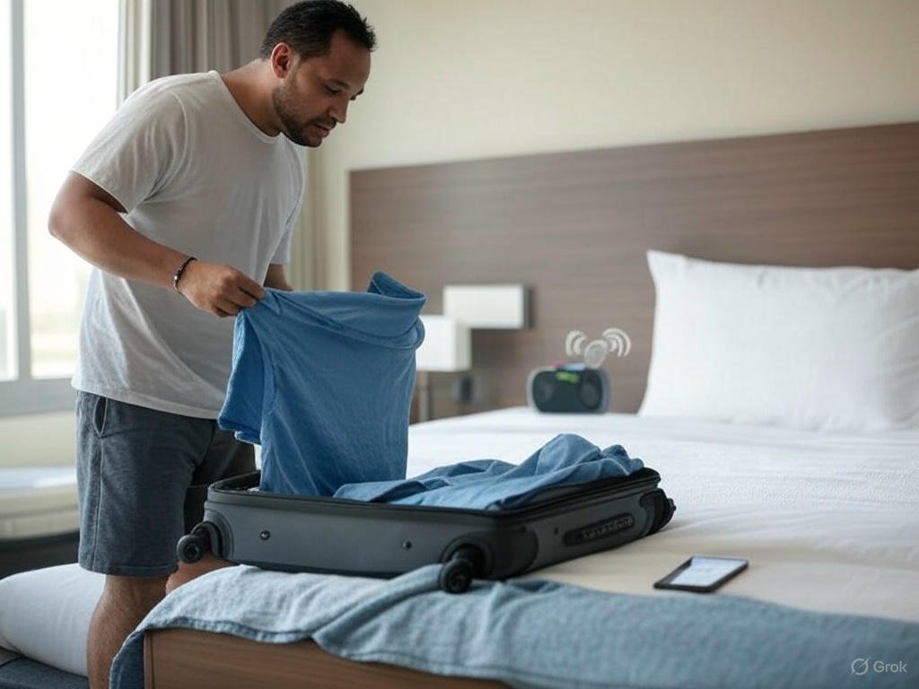 Traveler packing in a hotel room, using a portable speaker on a nightstand, with a suitcase and morning light.