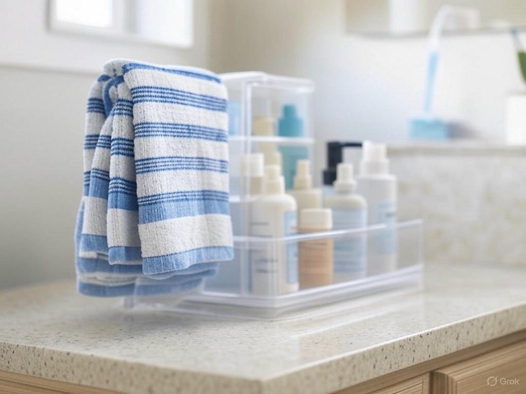 Bathroom counter with utility products including hooks, an organizer tray, and a suction cup holder.