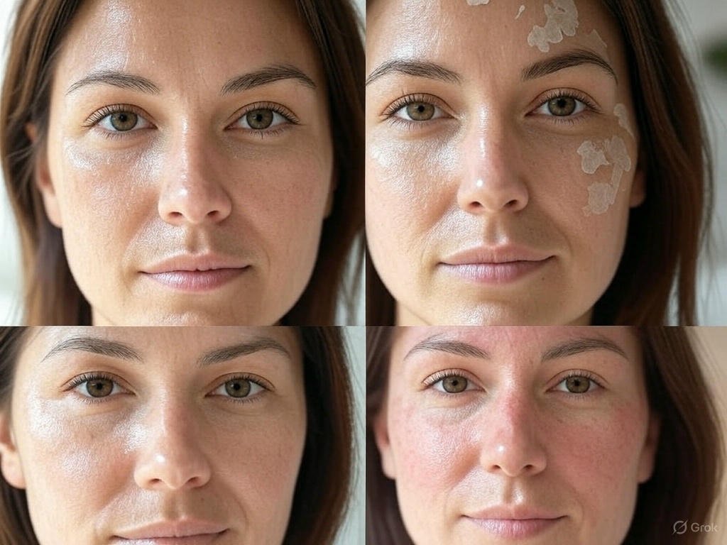 A close-up of a woman’s face divided into four quadrants, showing oily, dry, combination, and sensitive skin types with natural lighting.
Caption: Identify your skin type to choose the best products for your skincare routine.